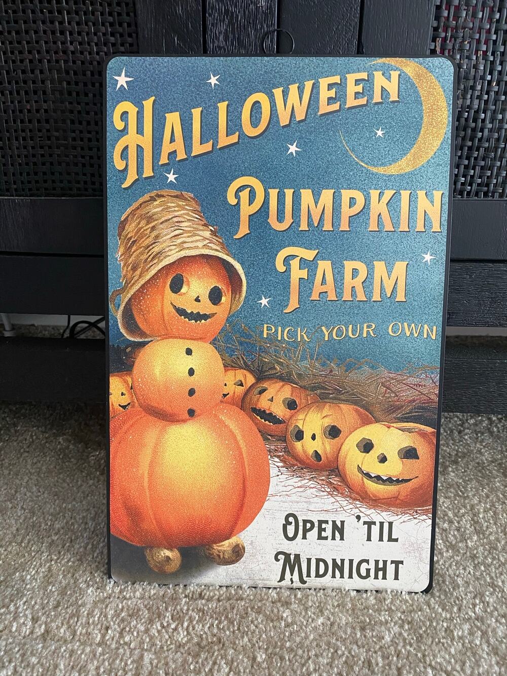 Halloween Pumpkin Farm Metal Sign Blue Gold Moon Jack O Lanterns 16” Decor